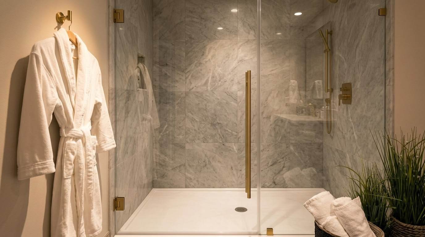 Glass shower door in a white bathroom