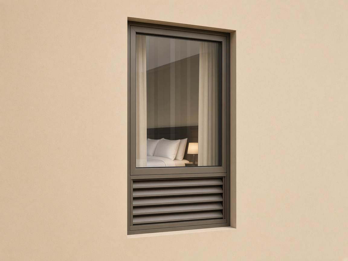 Hotel window with glass above a through-wall louver
