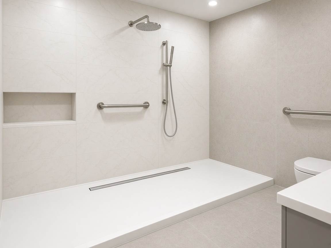 Low-threshold roll-in shower base