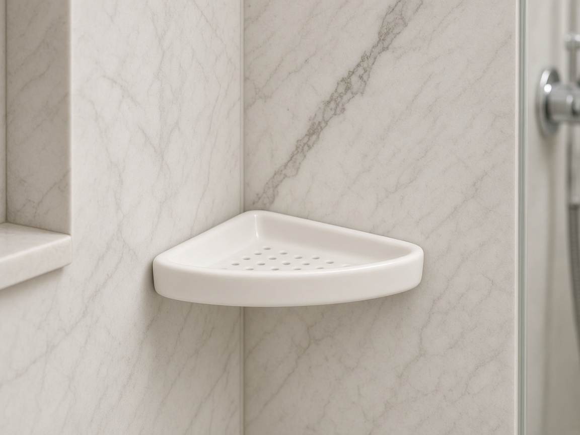 Corner soap dish in a shower wall