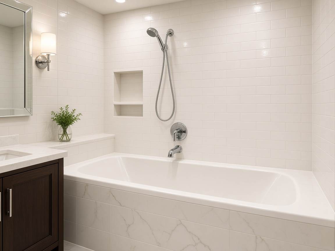 White subway-pattern tub surround in a hotel bathroom