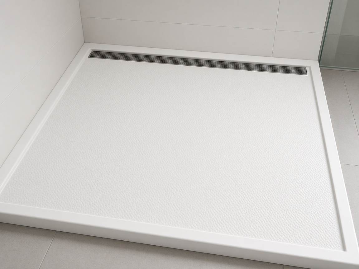 White shower pan with a linear trench drain